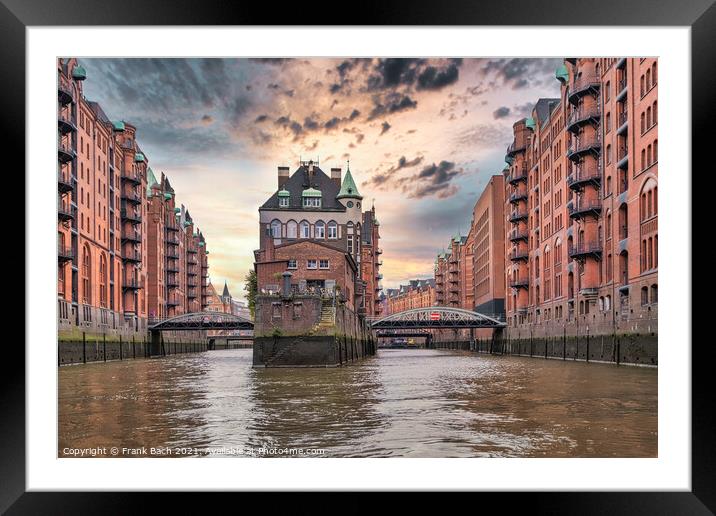 Canals and warehouses in Speicherstadt of Hamburg, Germany Framed Mounted Print by Frank Bach