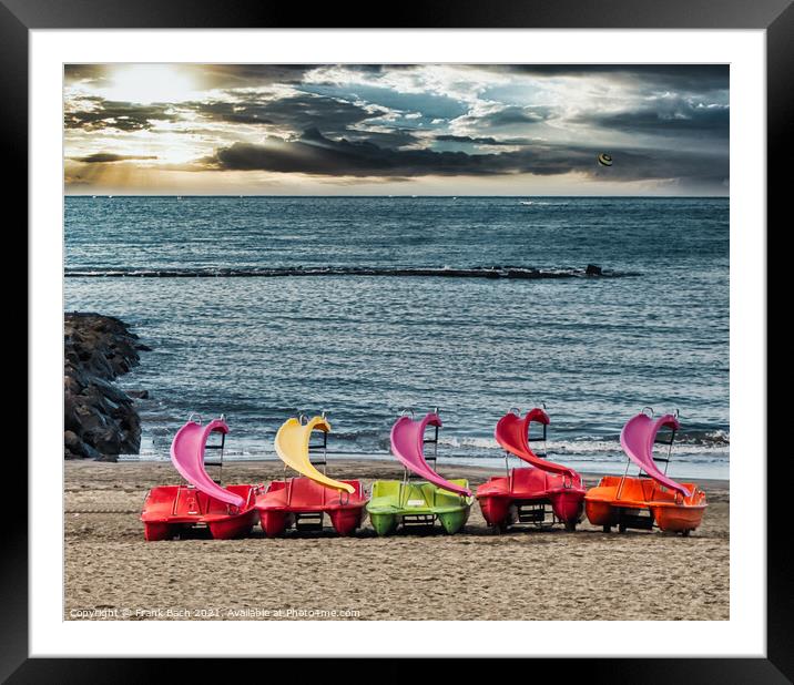 Small boats made of plastic in Playa Los Americas on Tenerife, S Framed Mounted Print by Frank Bach