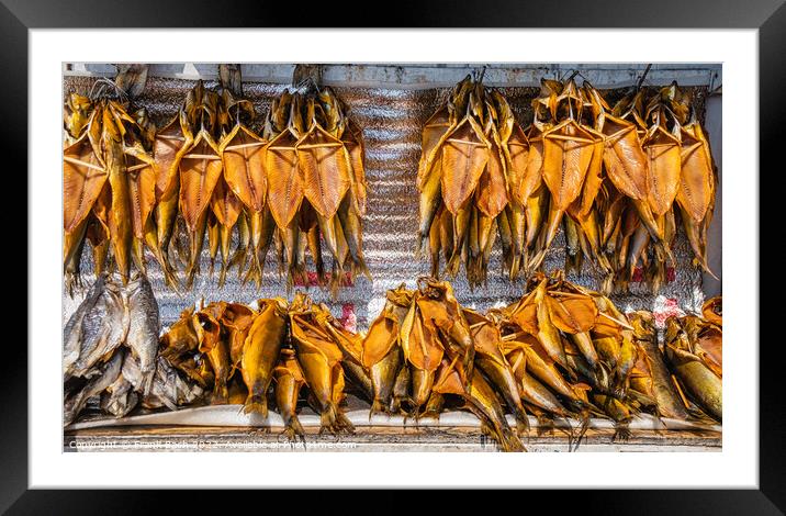 Smoked fish on a farmers market from Lake Issyk Kul in Kyrgyzsta Framed Mounted Print by Frank Bach
