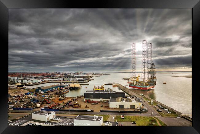 Oil rigs in Esbjerg harbor at the North Sea,  Denmark Framed Print by Frank Bach