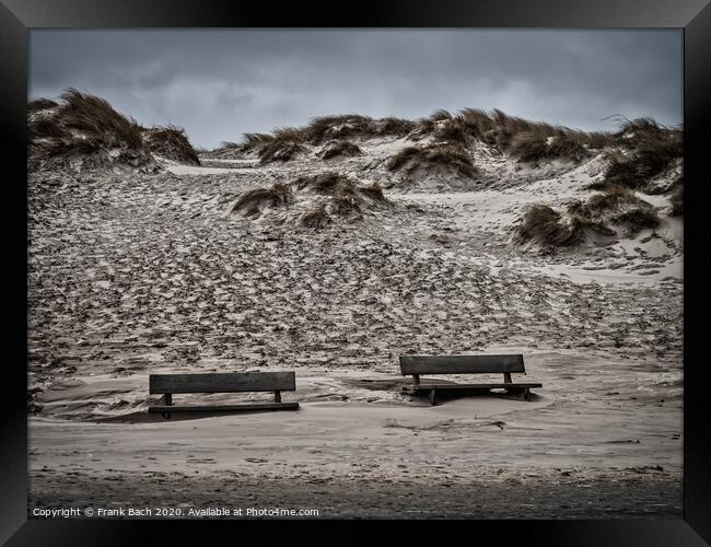 Henne beach in Jutland with benches on a stormy day, Denmark Framed Print by Frank Bach