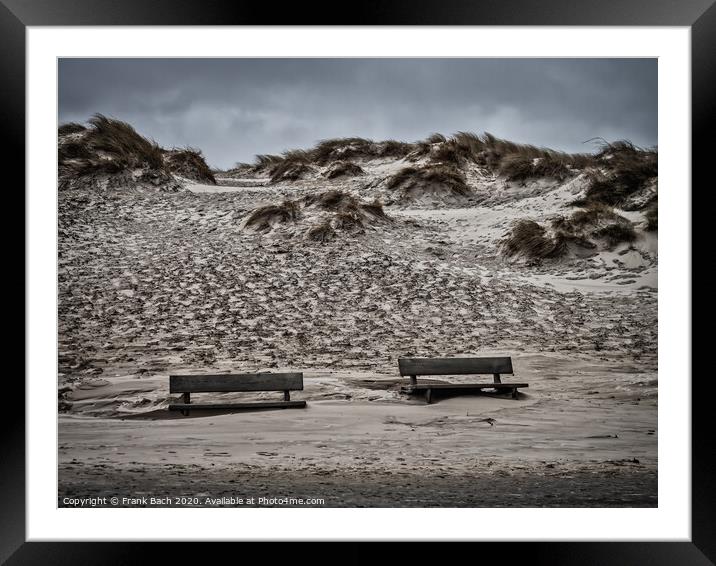 Henne beach in Jutland with benches on a stormy day, Denmark Framed Mounted Print by Frank Bach