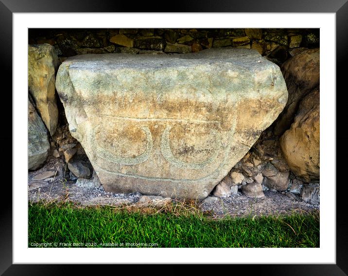 Knowth Neolithic Mound, Kerbstone with spirals and lozenges, Ireland Framed Mounted Print by Frank Bach