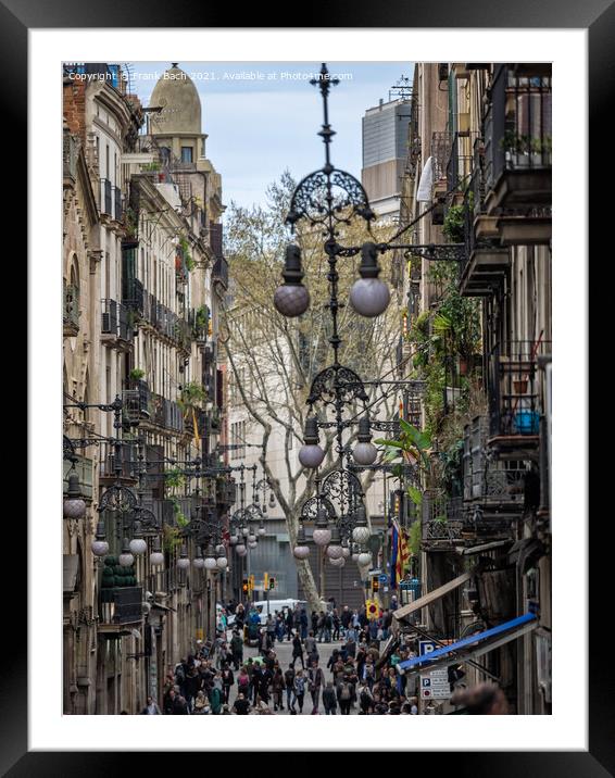Ornate street lamps on buildings in Barcelona Framed Mounted Print by Frank Bach