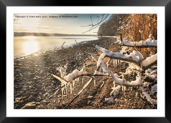 Snow and icicles at the fjord near Vejle in Dennmrk Framed Mounted Print by Frank Bach