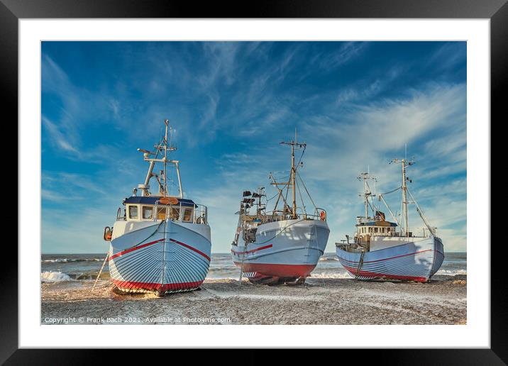 Coastal fishing boats vessels at Thorup beach in Western Denmark Framed Mounted Print by Frank Bach