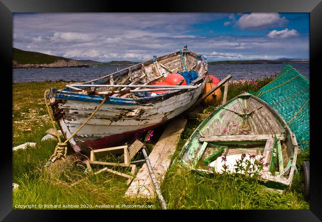 Old decaying fishing boats in Shetland Framed Print by Richard Ashbee