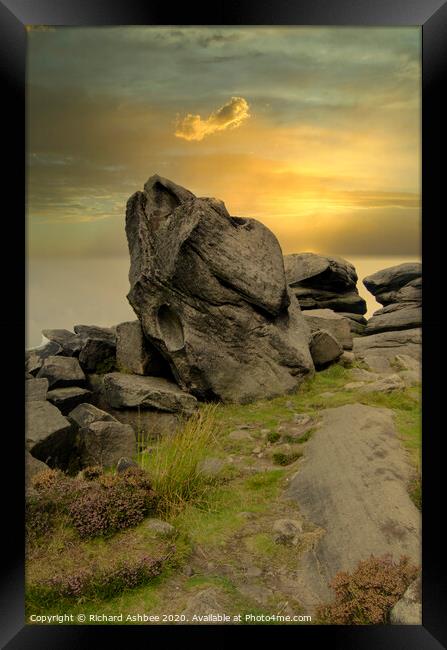 Sunset at a rocky outcrop in the Peak District Framed Print by Richard Ashbee