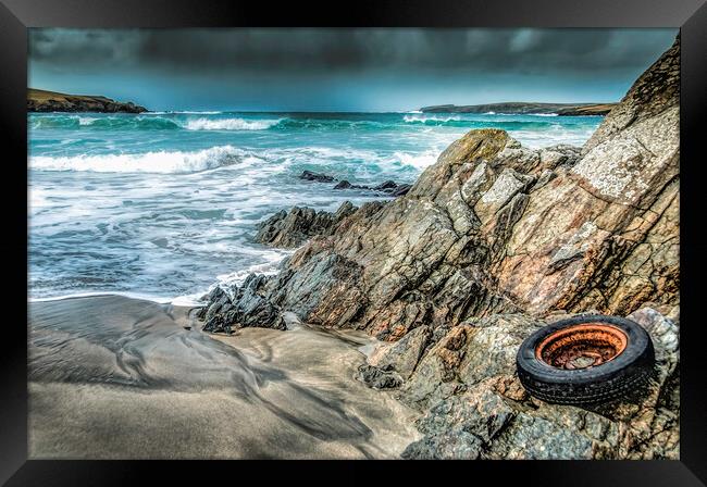 Tyre on the beach Scousburgh Shetland Framed Print by Richard Ashbee