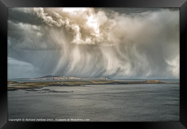 Dramatic storm clouds over Bressay Shetland  Framed Print by Richard Ashbee
