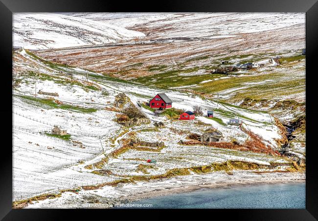 Shetland Red Houses in the snow Framed Print by Richard Ashbee