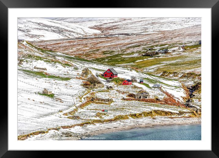 Shetland Red Houses in the snow Framed Mounted Print by Richard Ashbee