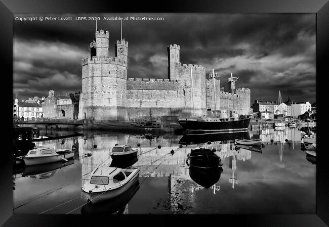 Caernarfon Castle and Harbour in Monochrome Framed Print by Peter Lovatt  LRPS