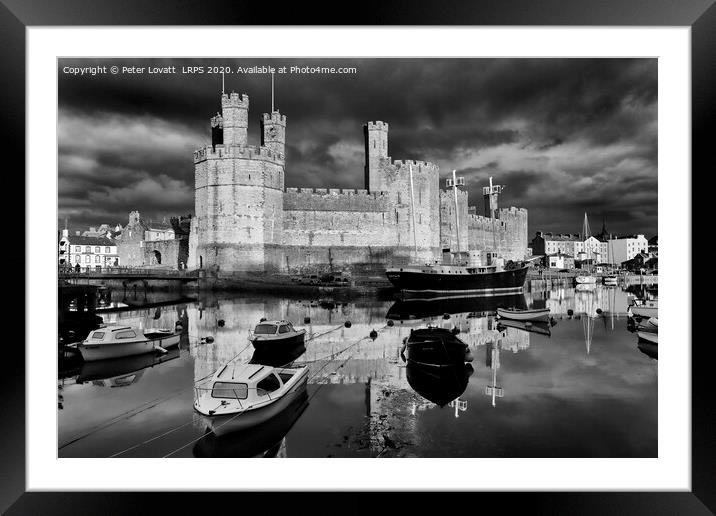 Caernarfon Castle and Harbour in Monochrome Framed Mounted Print by Peter Lovatt  LRPS