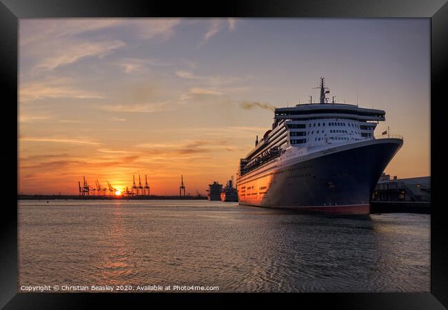 Queen Mary 2 in Southampton at sunset Framed Print by Christian Beasley