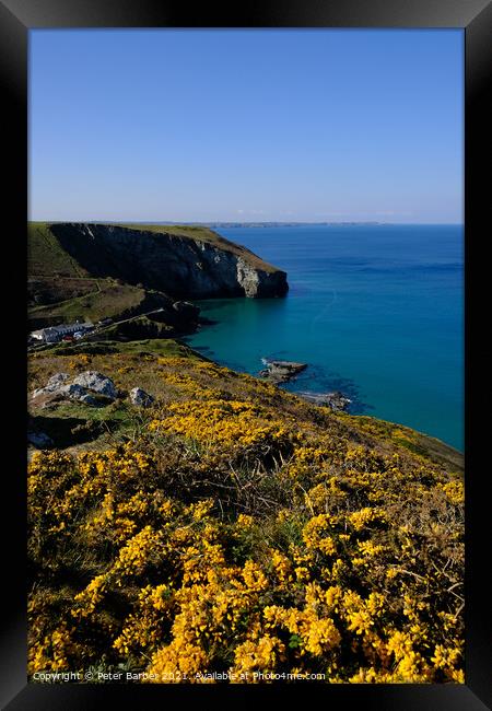 Trebarwith strand from the south west coast path Framed Print by Peter Barber