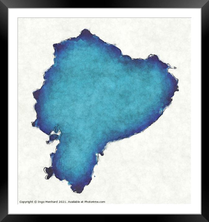 Ecuador map with drawn lines and blue watercolor illustration Framed Mounted Print by Ingo Menhard