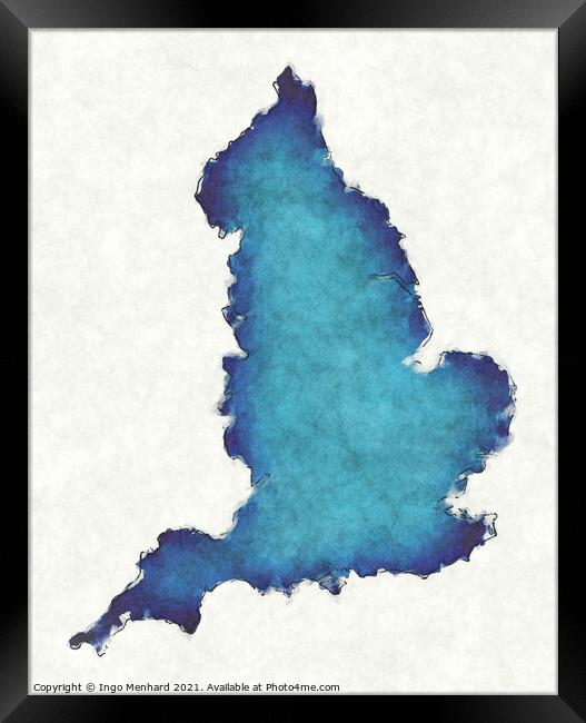 England map with drawn lines and blue watercolor illustration Framed Print by Ingo Menhard