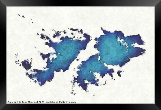 Falkland Islands map with drawn lines and blue watercolor illust Framed Print by Ingo Menhard