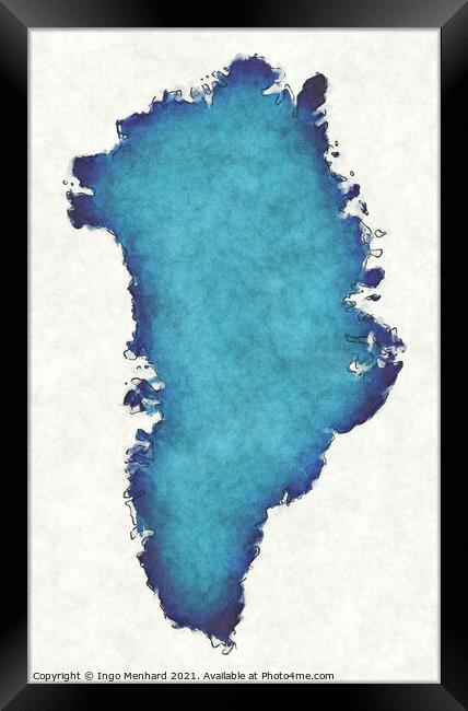 Greenland map with drawn lines and blue watercolor illustration Framed Print by Ingo Menhard