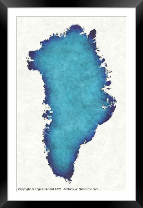 Greenland map with drawn lines and blue watercolor illustration Framed Mounted Print by Ingo Menhard