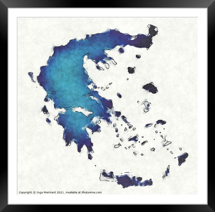Greece map with drawn lines and blue watercolor illustration Framed Mounted Print by Ingo Menhard
