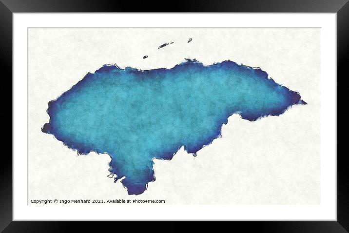 Honduras map with drawn lines and blue watercolor illustration Framed Mounted Print by Ingo Menhard