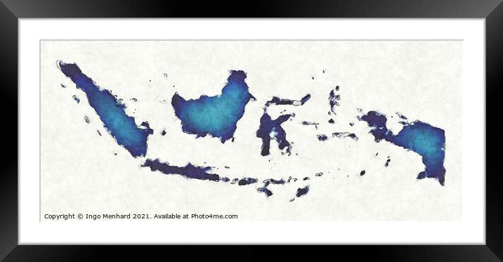 Indonesia map with drawn lines and blue watercolor illustration Framed Mounted Print by Ingo Menhard