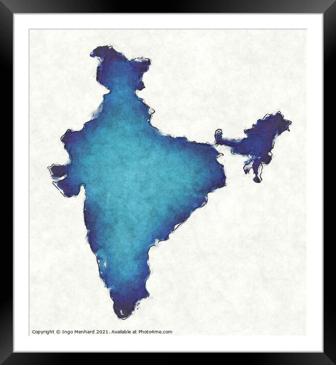 India map with drawn lines and blue watercolor illustration Framed Mounted Print by Ingo Menhard