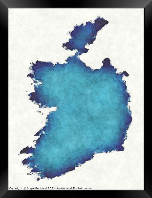 Ireland map with drawn lines and blue watercolor illustration Framed Print by Ingo Menhard