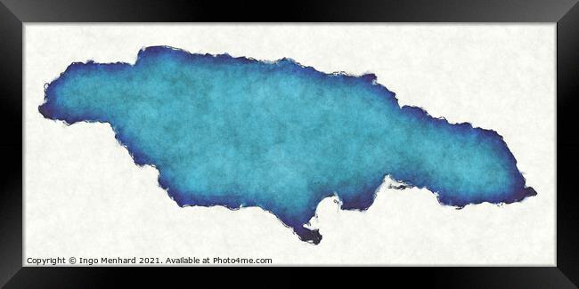 Jamaica map with drawn lines and blue watercolor illustration Framed Print by Ingo Menhard