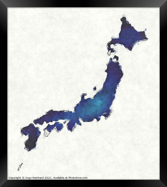 Japan map with drawn lines and blue watercolor illustration Framed Print by Ingo Menhard