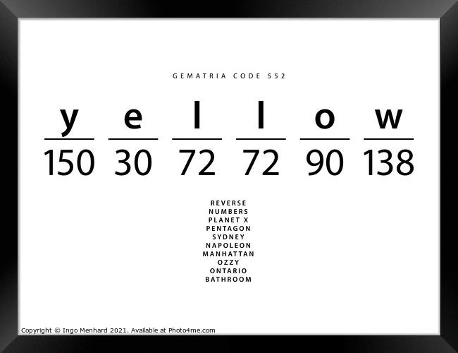 Yellow word code in the English Gematria Framed Print by Ingo Menhard