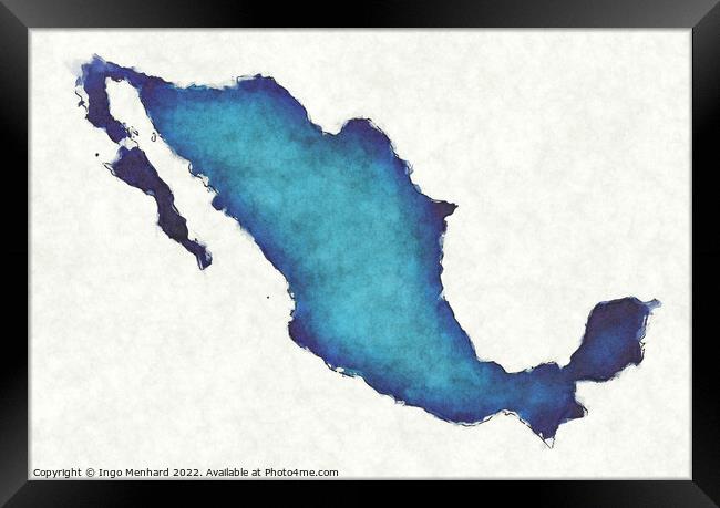 Mexico map with drawn lines and blue watercolor illustration Framed Print by Ingo Menhard