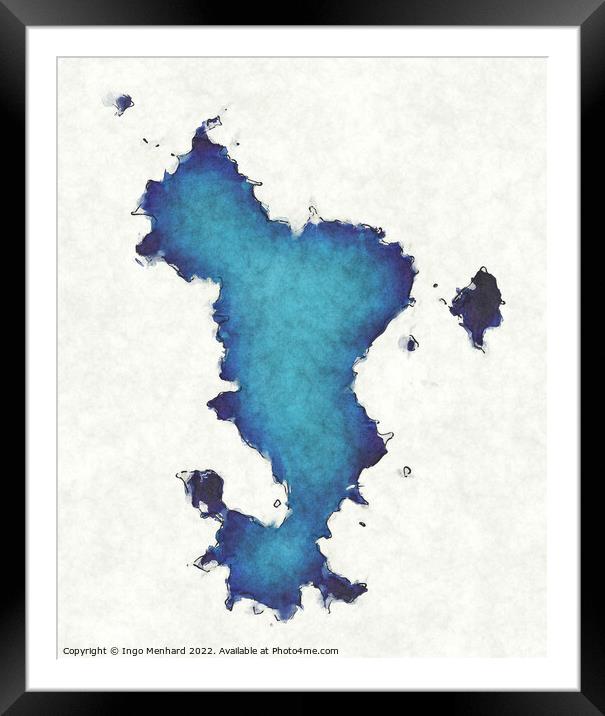 Mayotte map with drawn lines and blue watercolor illustration Framed Mounted Print by Ingo Menhard