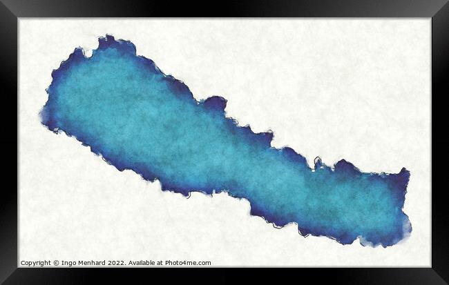 Nepal map with drawn lines and blue watercolor illustration Framed Print by Ingo Menhard