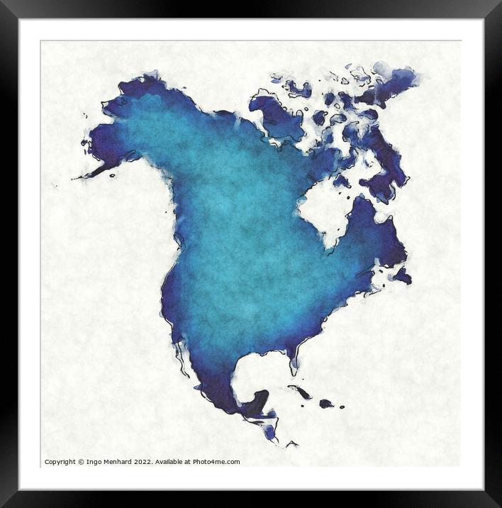 North America map with drawn lines and blue watercolor illustrat Framed Mounted Print by Ingo Menhard