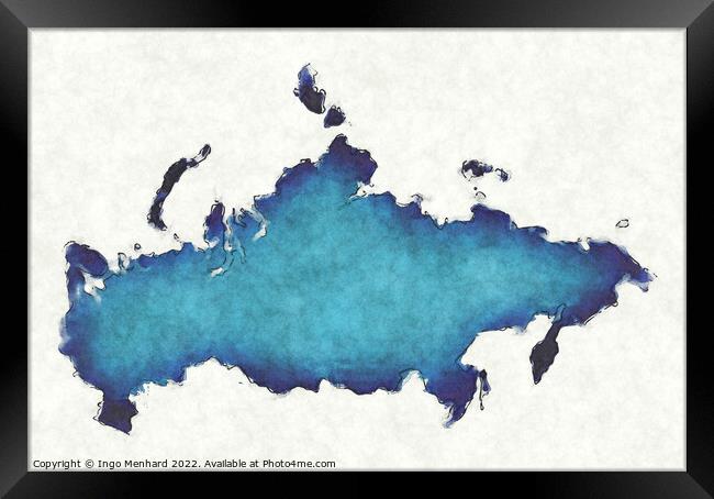 Russia map with drawn lines and blue watercolor illustration Framed Print by Ingo Menhard