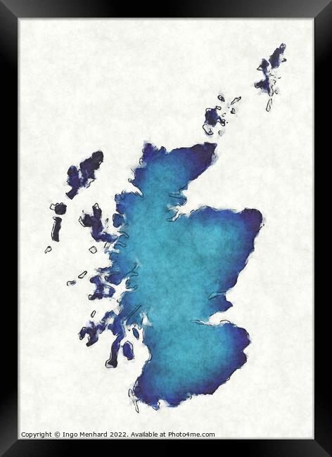 Scotland map with drawn lines and blue watercolor illustration Framed Print by Ingo Menhard