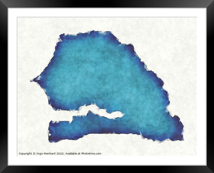Senegal map with drawn lines and blue watercolor illustration Framed Mounted Print by Ingo Menhard
