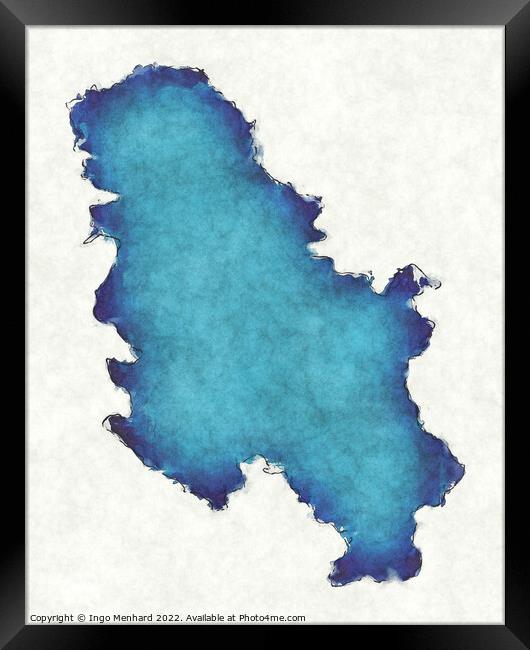 Serbia map with drawn lines and blue watercolor illustration Framed Print by Ingo Menhard