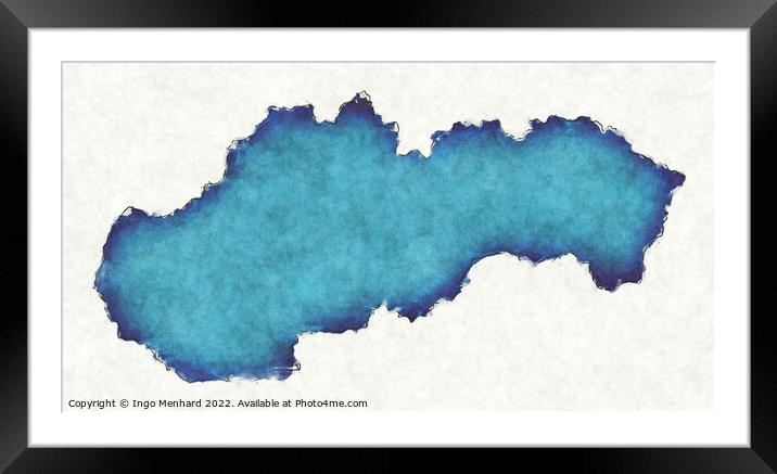 Slovakia map with drawn lines and blue watercolor illustration Framed Mounted Print by Ingo Menhard