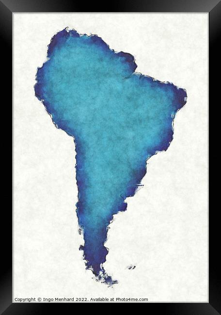 South America map with drawn lines and blue watercolor illustrat Framed Print by Ingo Menhard
