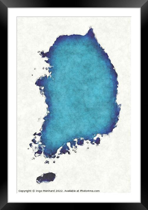 South Korea map with drawn lines and blue watercolor illustratio Framed Mounted Print by Ingo Menhard