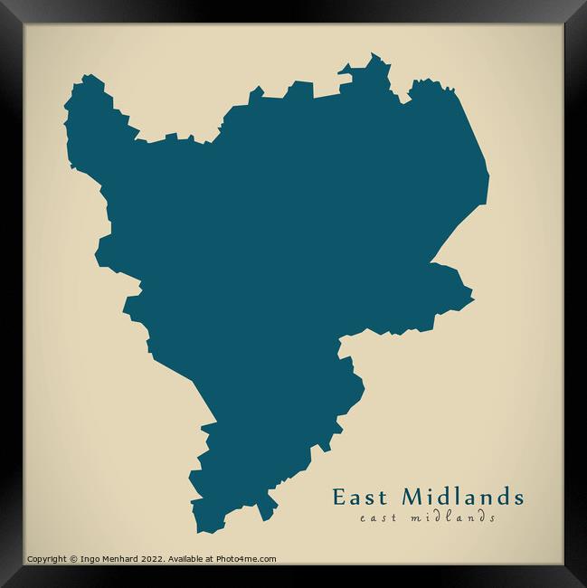 Modern Map - East Midlands UK design Framed Print by Ingo Menhard