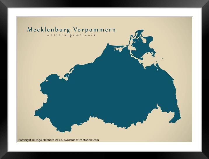 Modern Map - Mecklenburg-Vorpommern DE Framed Mounted Print by Ingo Menhard