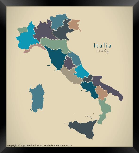 Modern Map - Italia with regions colored IT Framed Print by Ingo Menhard