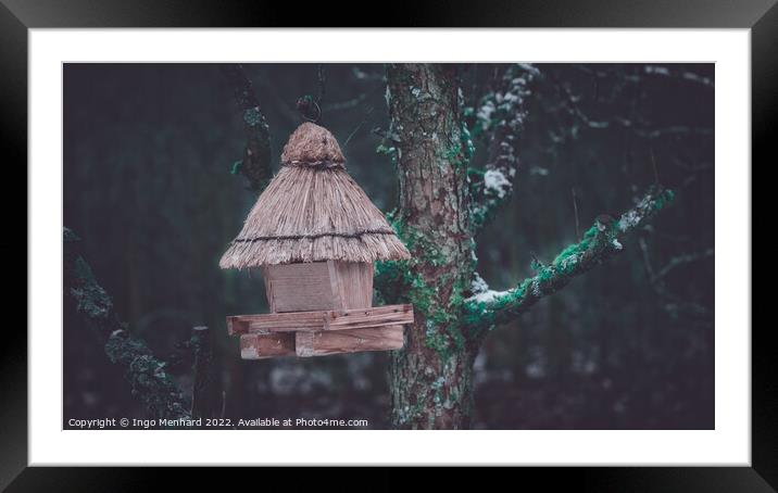 Outdoor bird house in winter Framed Mounted Print by Ingo Menhard