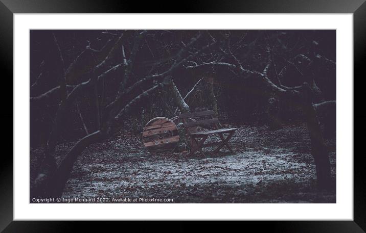 Wooden bench on the icy meadow Framed Mounted Print by Ingo Menhard