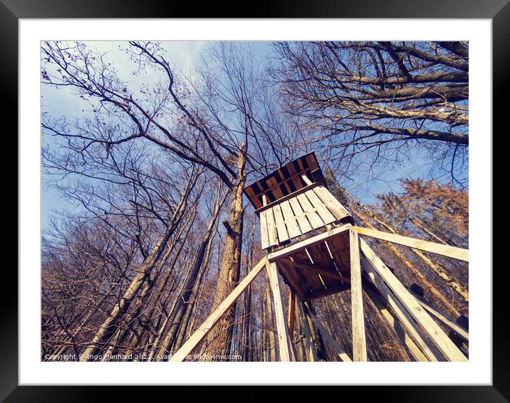 Low angle shot of a wooden treehouse with bare trees against the blue sky Framed Mounted Print by Ingo Menhard